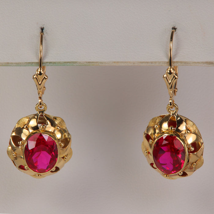 Yellow Gold Oval Lab Grown Ruby Dangle Earrings