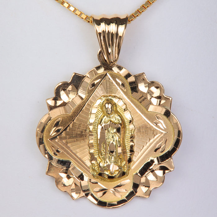 ornate diamond cut yellow gold Mary pendant