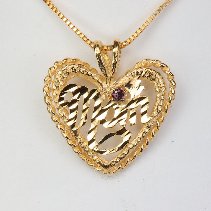 yellow gold estate MOM pendant with purple synthetic spinel gem