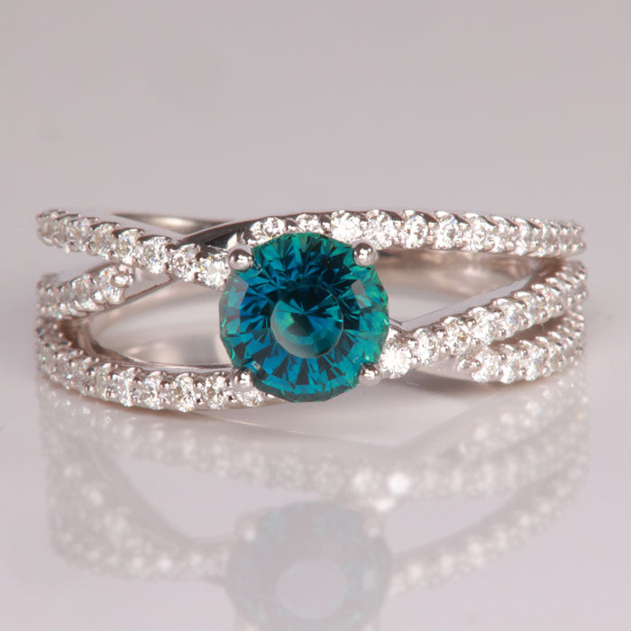 greenish blue round step montana sapphire gemstone ring white gold diamonds