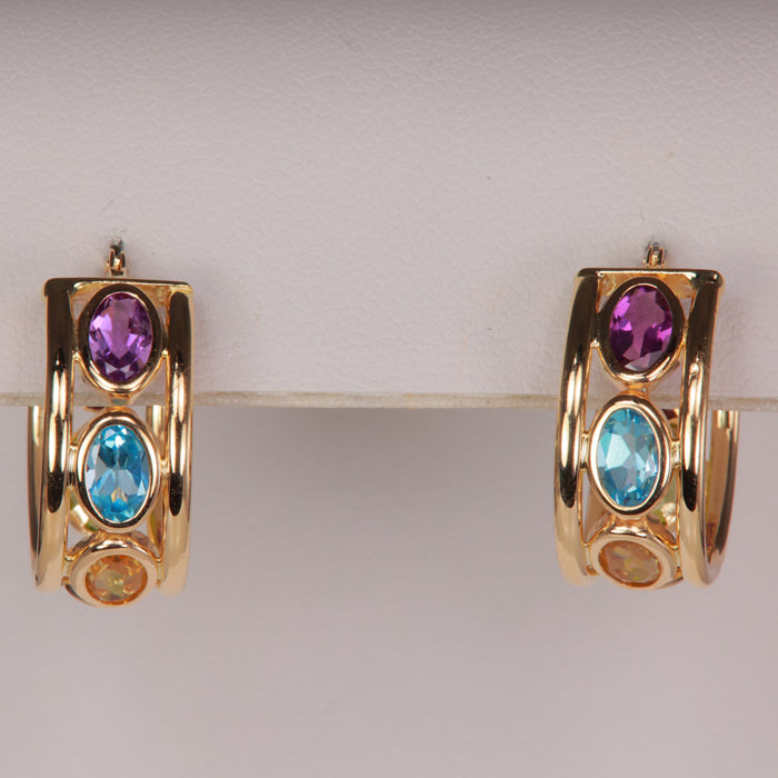 multiple gemstone earrings hoop style yellow gold