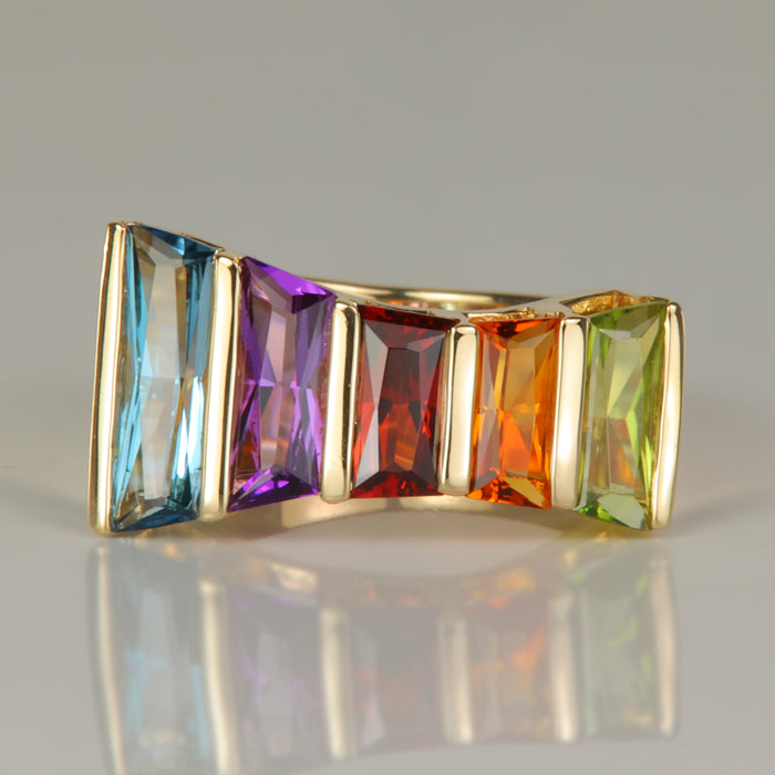 gemstone ring with blue topaz, amethyst, garnet, citrine and peridot
