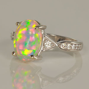 Oval Opal Ring with Diamonds in Silver White Gold
