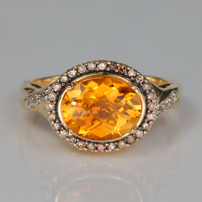 citrine gemstone ring in yellow gold with champagne and white diamonds 
