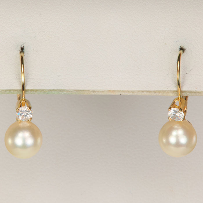 yellow gold pearl and cz earrings