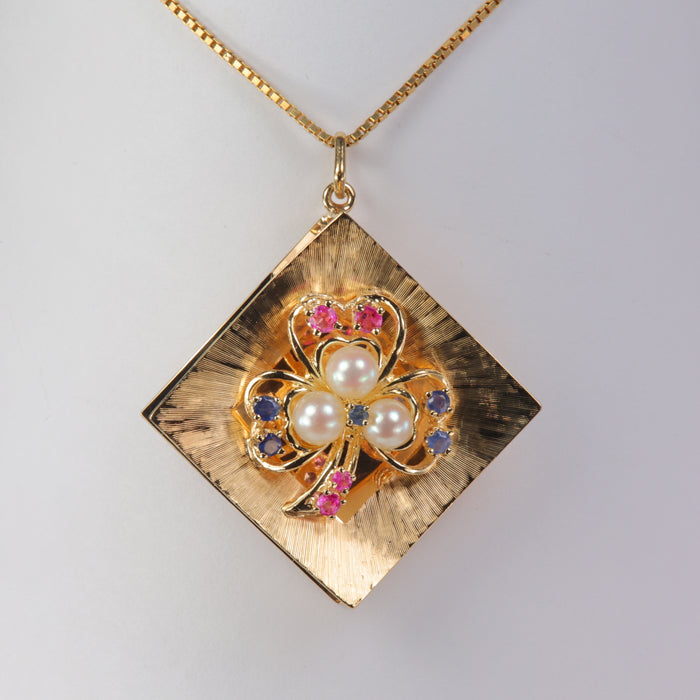 yellow gold sapphire and pearl shamrock pendant 