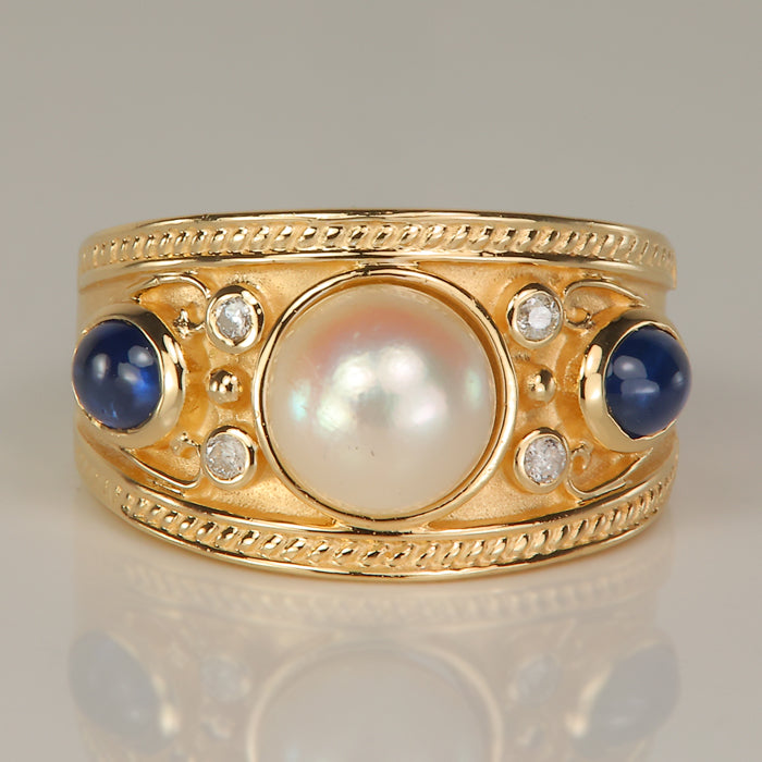 yellow gold pearl sapphire and diamond ring