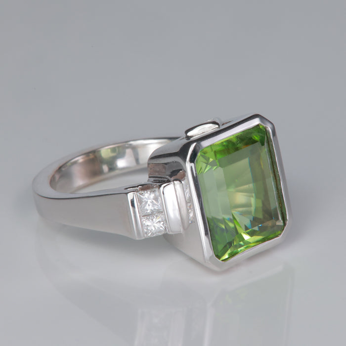 white gold peridot gemstone ring with diamonds