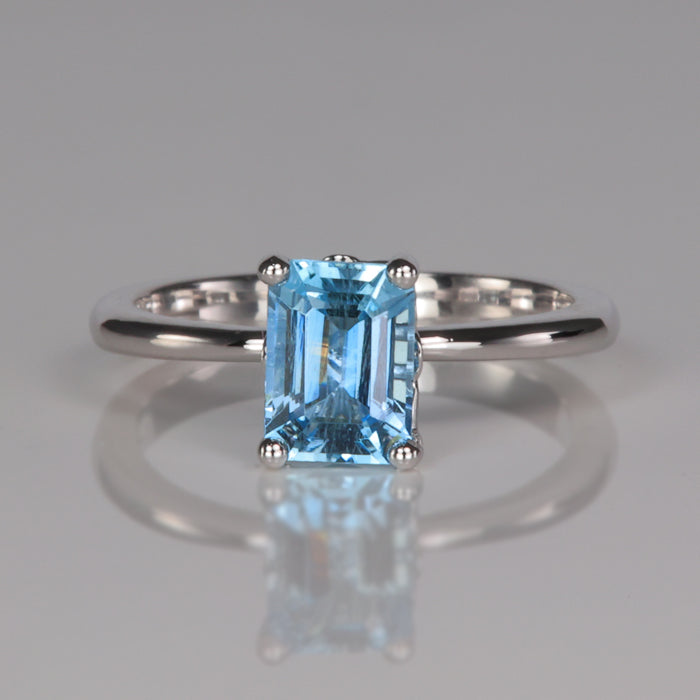 platinum emerald cut blue color aquamarine gemstone ring 
