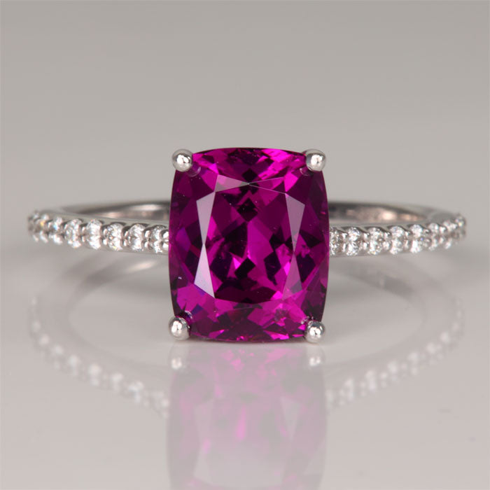 Antique Cushion Purple Garnet Ring in white gold with diamonds