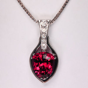 Sheild Shape Red Rhodolite Garnet Necklace Pendant with Diamond in white gold