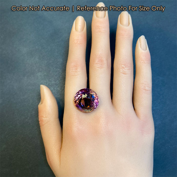 size of round portuguese cut ametrine gem to hand 