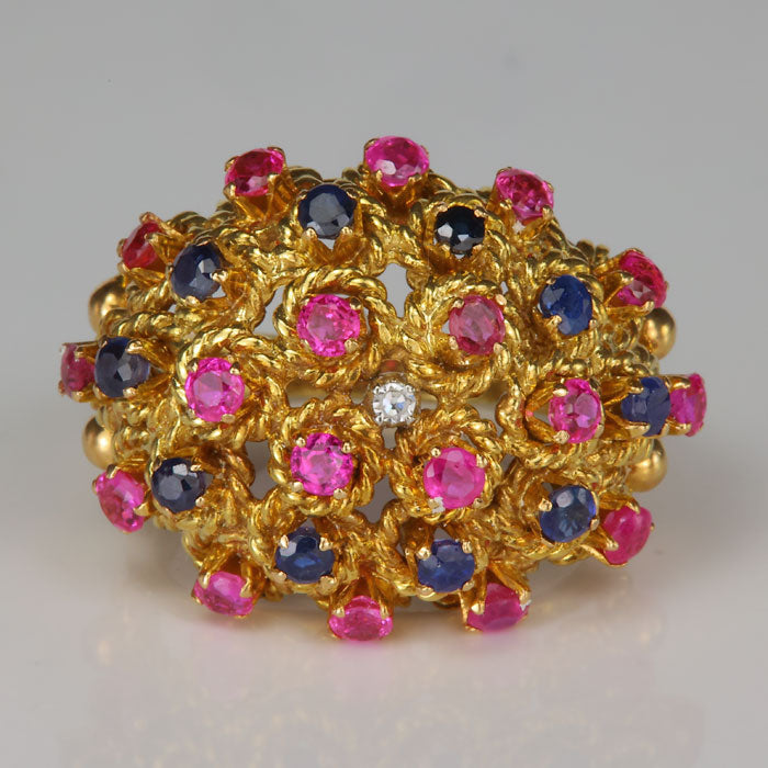 Yellow gold ruby sapphire and diamond ring 
