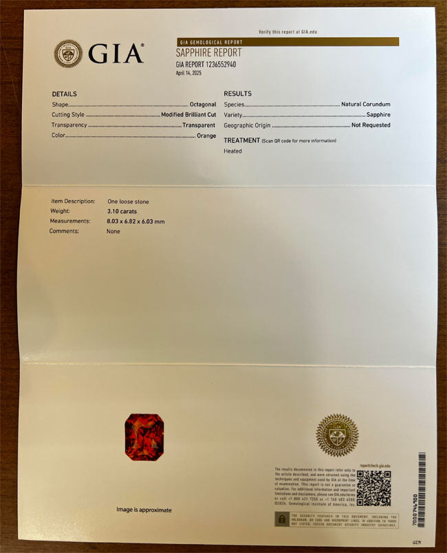 GIA report for sapphire