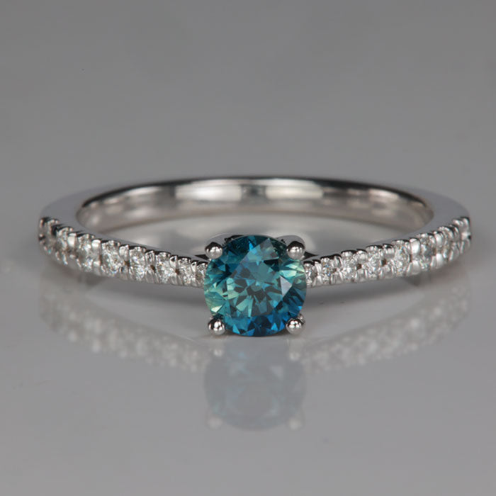 Greenish Blue Round Sapphire and Diamond Engagement Ring