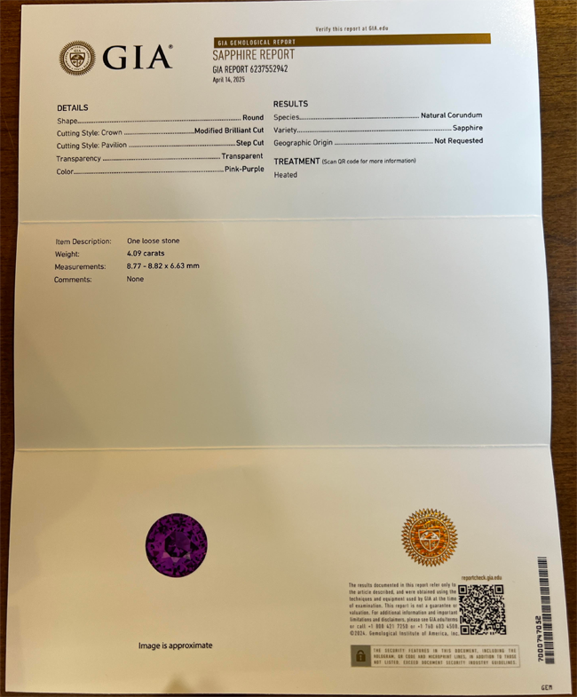 GIA lab report for sapphire