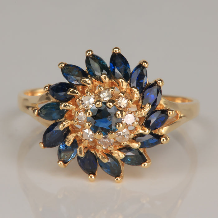 yellow gold blue sapphire and diamond gemstone estate ring