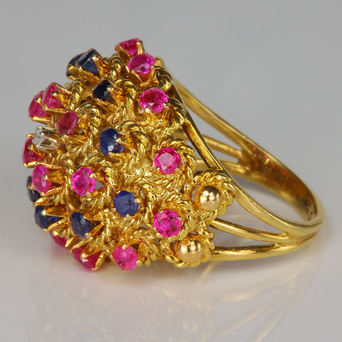 estate yellow gold cluster ring with ruby and sapphire