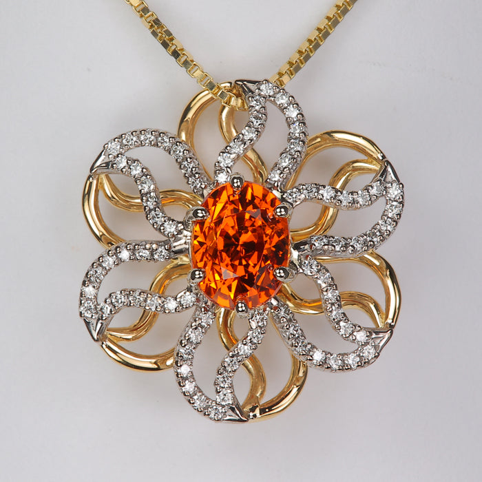yellow gold white gold pendant with orange spessartite garnet gemstone and diamonds