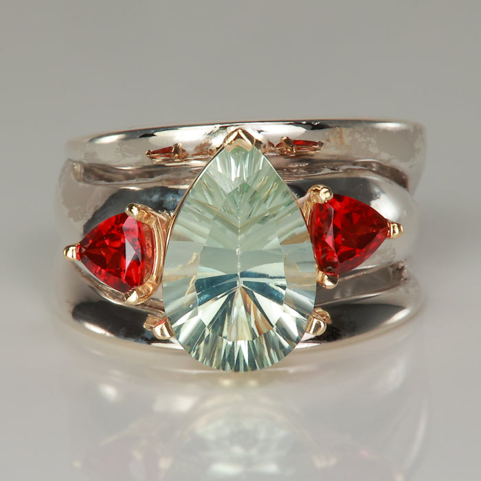 estate sterling silver and yellow gold prasiolite and garnet ring 