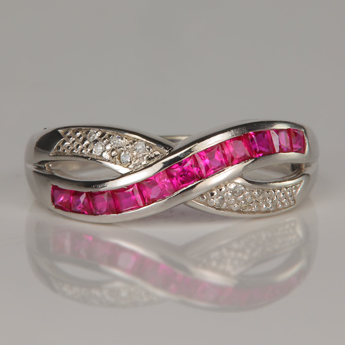 white gold synthetic ruby and diamond accent ring
