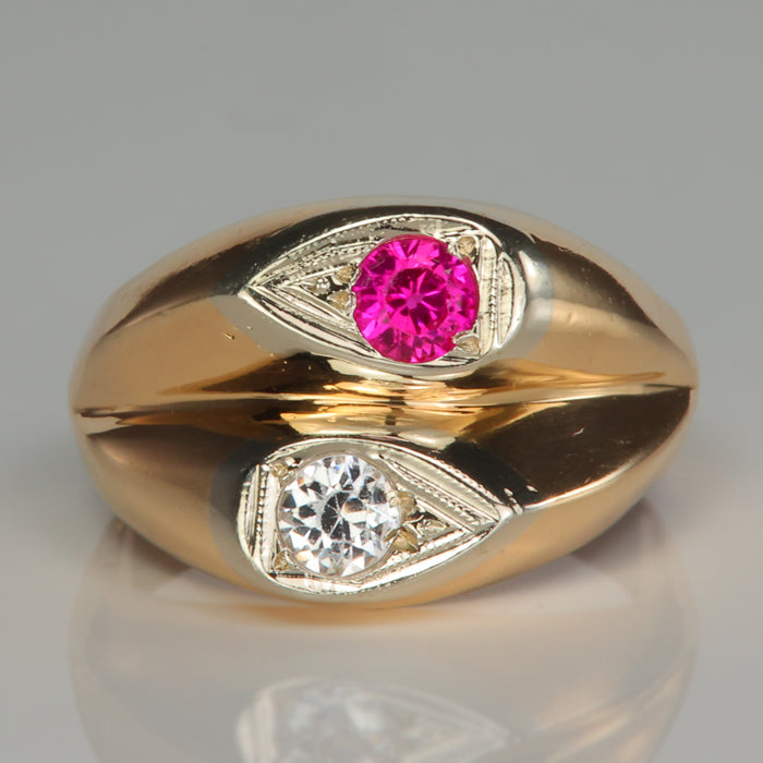 synthetic white spinel and synthetic ruby ring in yellow gold