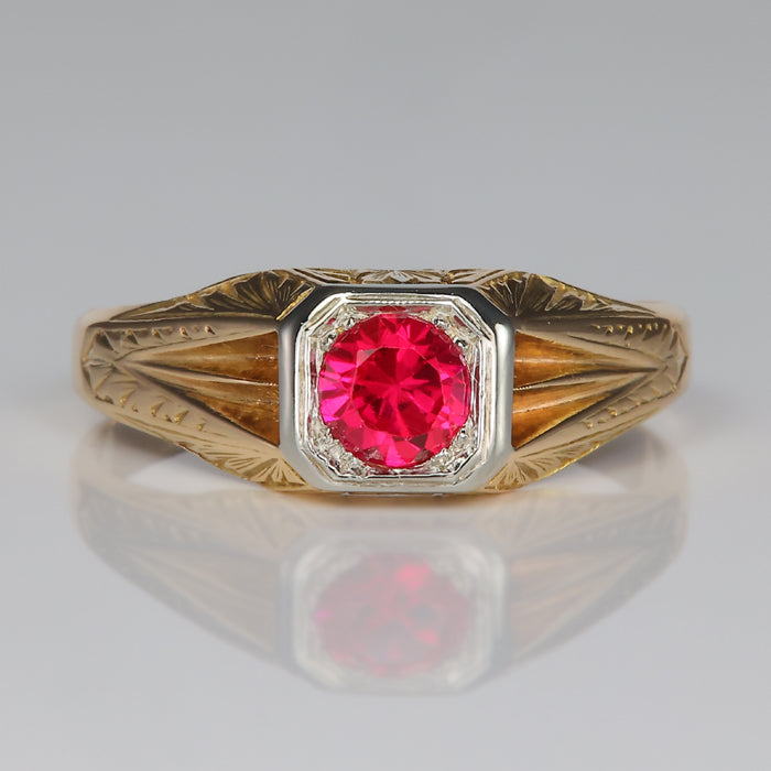 Yellow and white gold synthetic ruby ring
