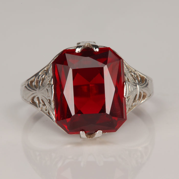 synthetic ruby red color gemstone ring in white gold