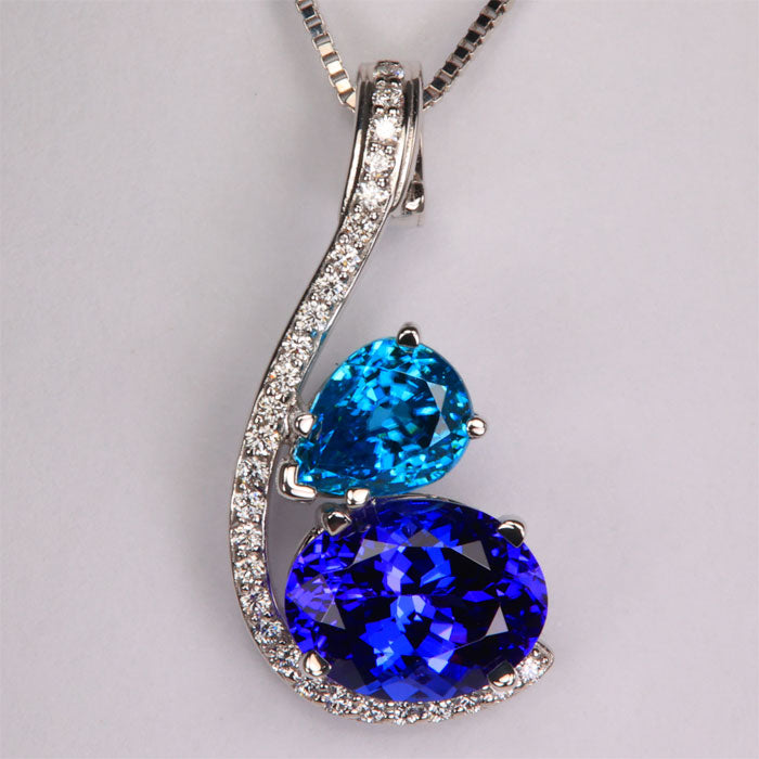 oval tanzanite pear blue zircon pendant white gold diamonds