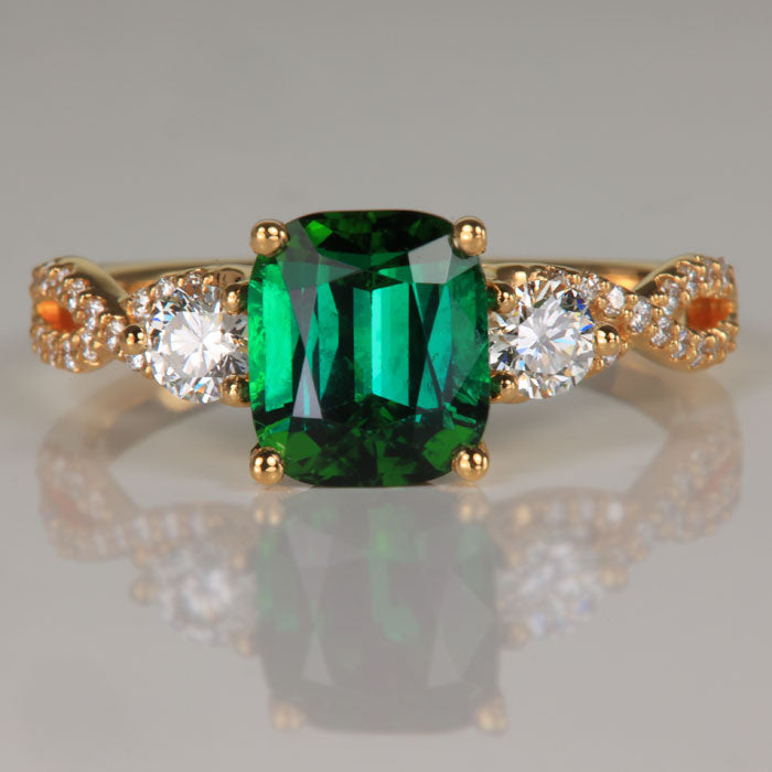antique cushion tourmaline in yellow gold with diamonds ring