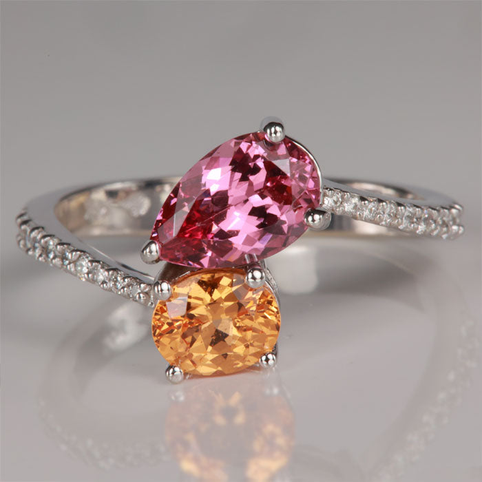 Pink and Orange Malaya Garnet with diamond ring