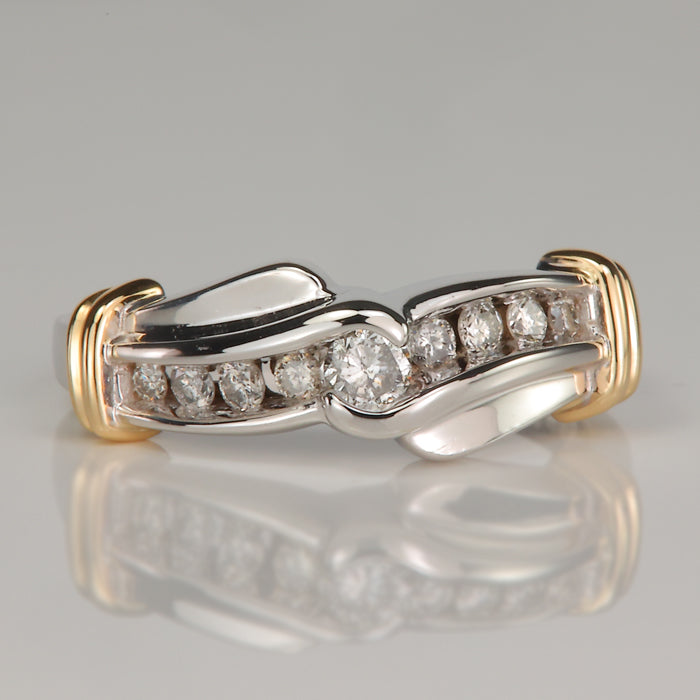 white gold with yellow gold ring and diamond accents 