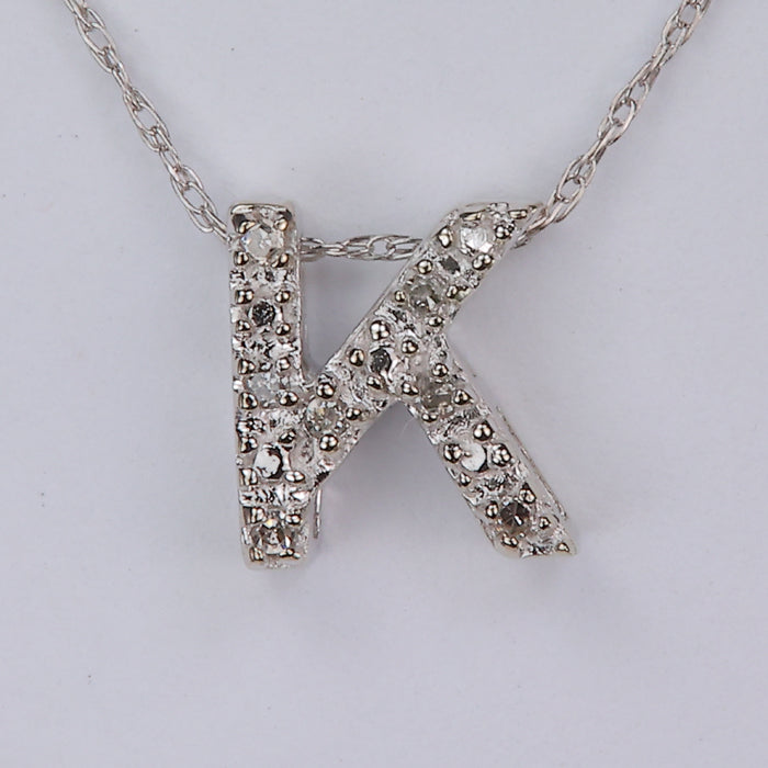 white gold diamond accented K initial necklace 
