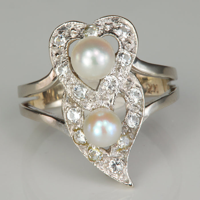 white gold heart ring with pearls and cubic zirconia
