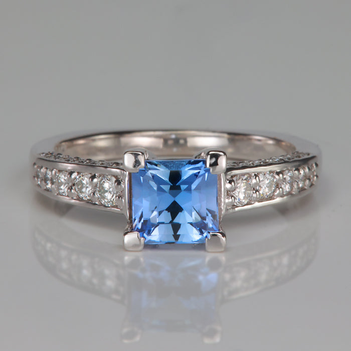 square barion cut sapphire and diamond ring in white gold 