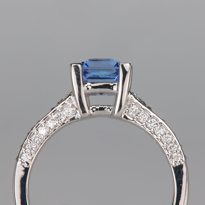 diamonds in white gold ring with sapphire