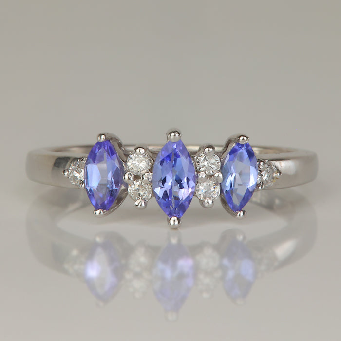 marquise brilliant cut tanzanite gemstone ring in white gold with diamonds