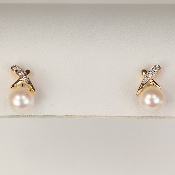estate yellow gold pearl and diamond xo studs 
