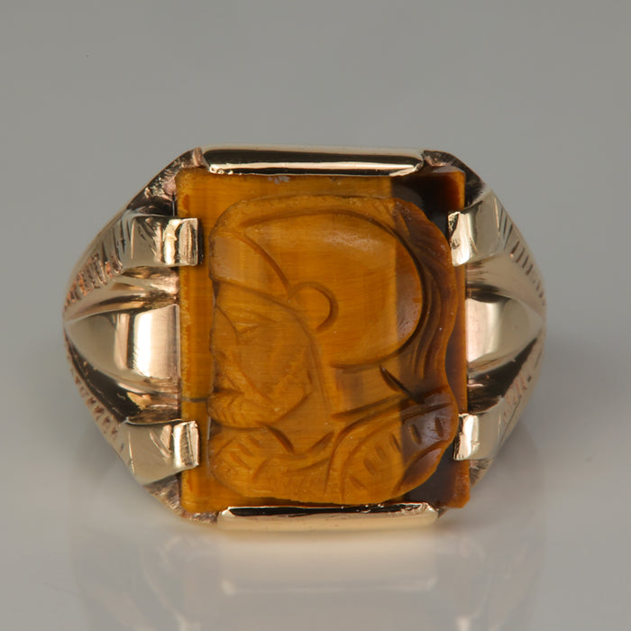 tigers eye yellow gold ring with carved spartan