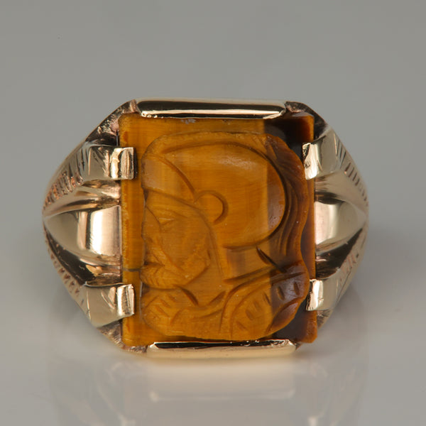 10K Yellow Gold Tiger's Eye with Carved Spartan Ring - Moriartys
