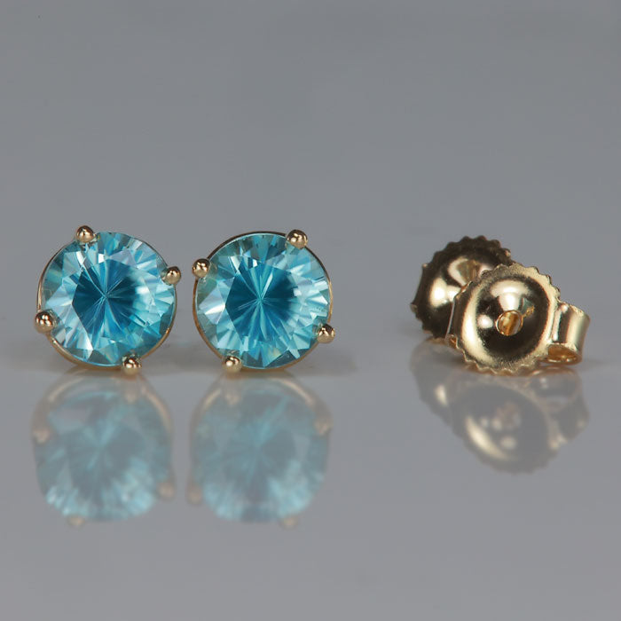 blue zircon yellow gold round brilliant stud earrings