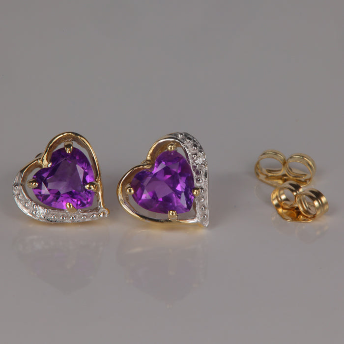 Yellow gold and heart shape amethyst diamond accent earrings