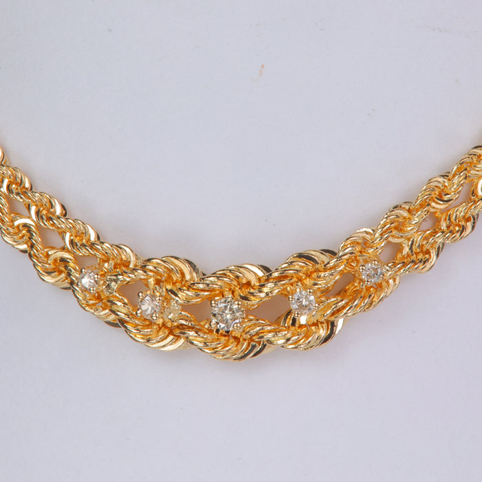 diamonds in yellow gold braided rope link necklace