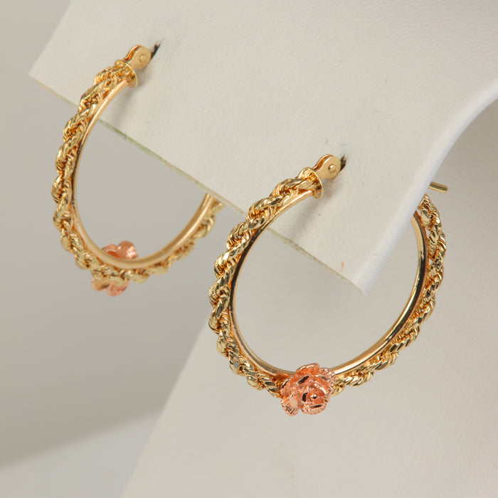 10K Yellow and Rose Gold Braided Floral Accent Hoops