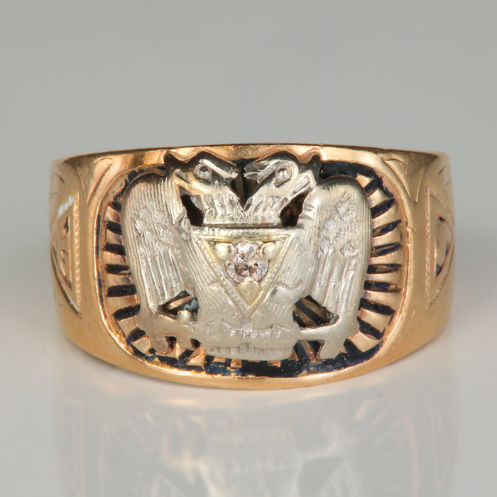 estate ring with white and yellow gold scottish rite emblem and diamond accent
