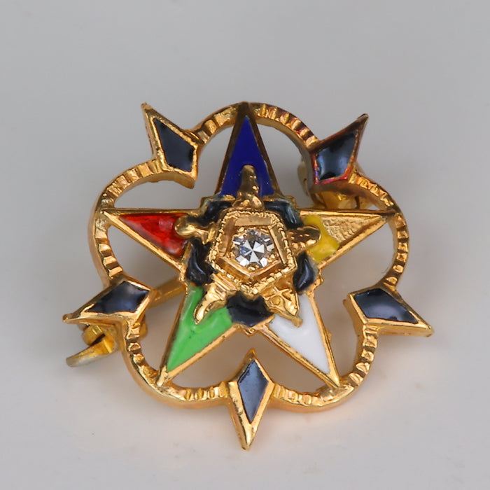 yellow gold order of the eastern star pin with diamond accent