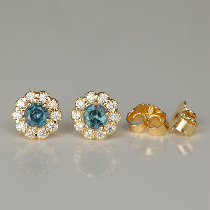alexandrite earrings with diamond halo in yellow gold