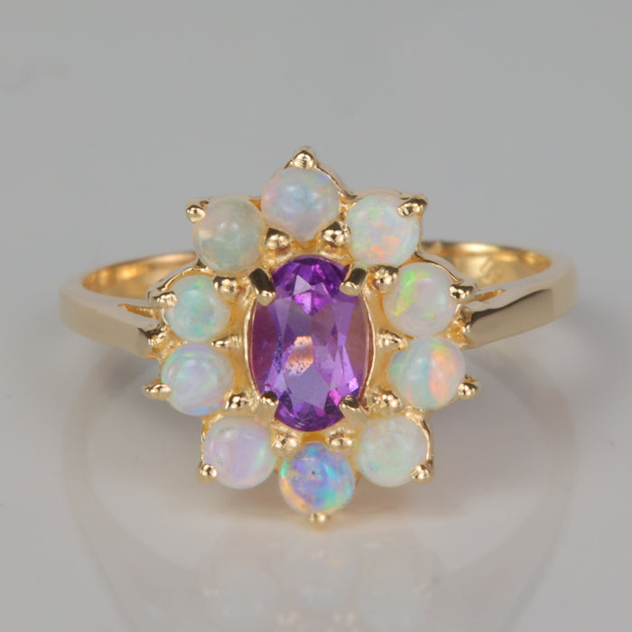 yellow gold purple amethyst and multicolor opal gemstones estate ring
