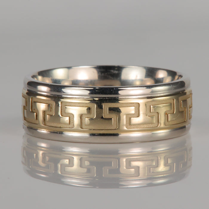 yellow gold and platinum ring with greek key design