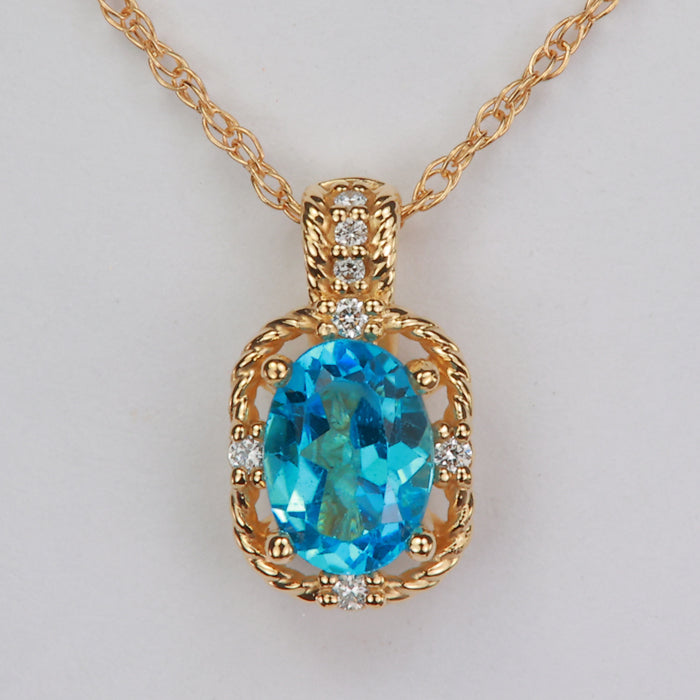 estate necklace yellow gold and oval blue topaz with diamond accents